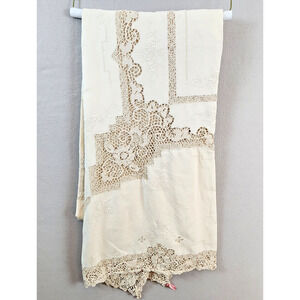Vintage Ornate Lace & Embroidered Tablecloth Floral Heirloom Ivory 116"x58"
